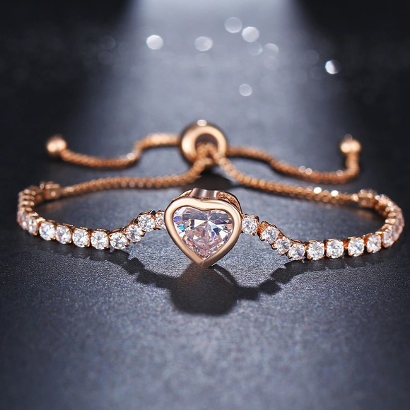 NEW Rose Gold Heart Tennis Bracelet Crystals CZ - Picture 2 of 4